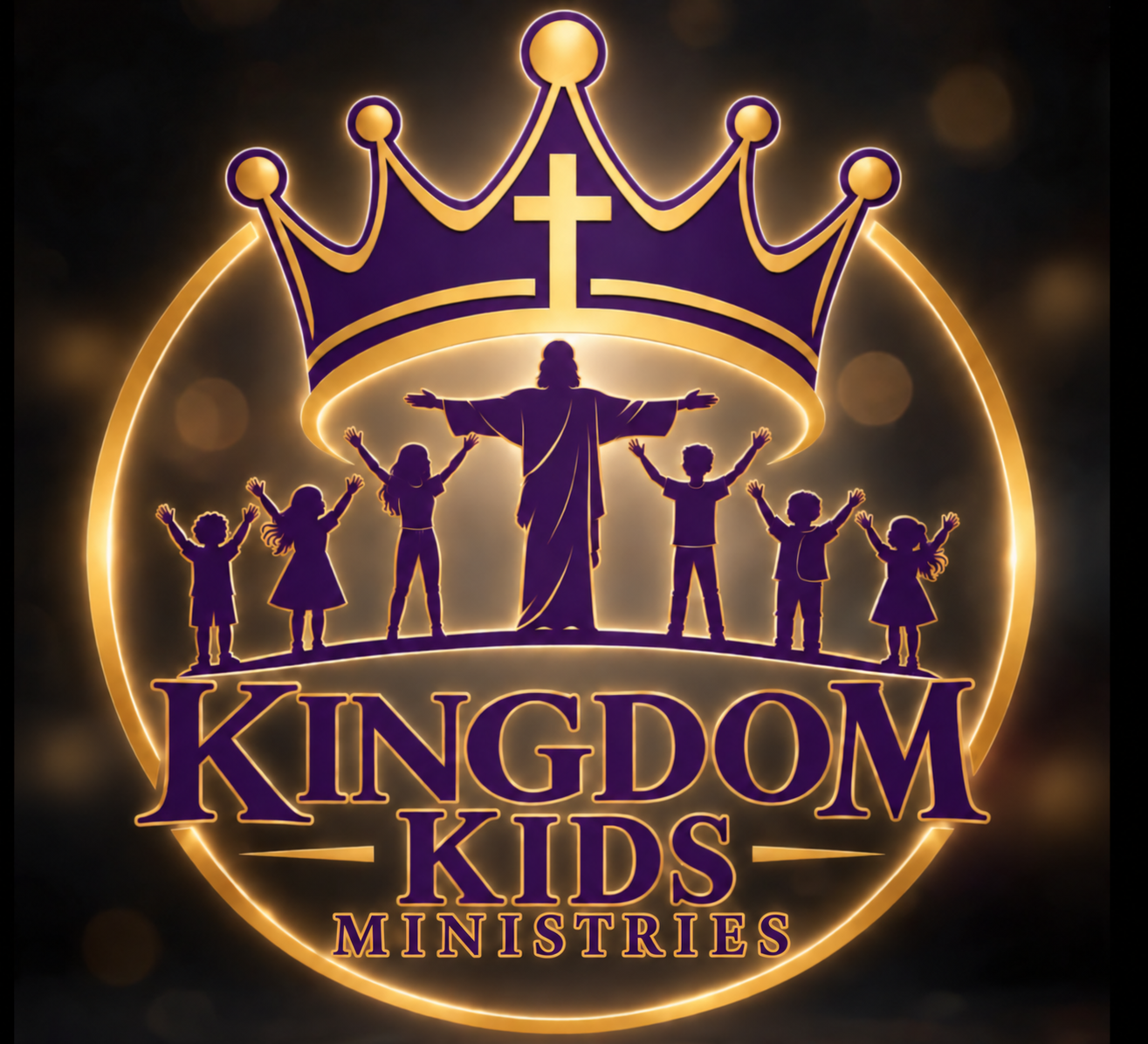 KINGDOM Kids Ministries gold and royal purple crown and cross, with Jesus and six children surrounded by a glowing gold circle